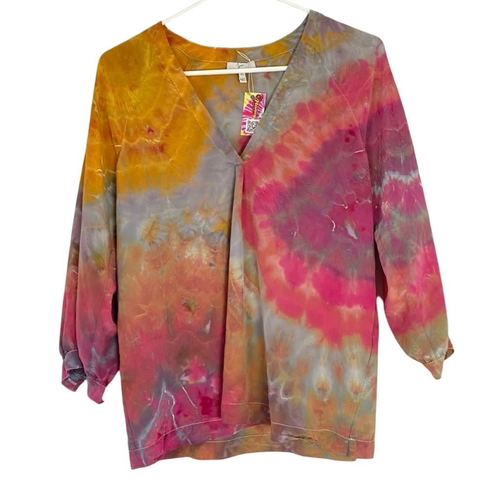 Joie Silk Tie Dye Blouse Top Womens Size XS Custom Hand Dyed Multi Gold Pink